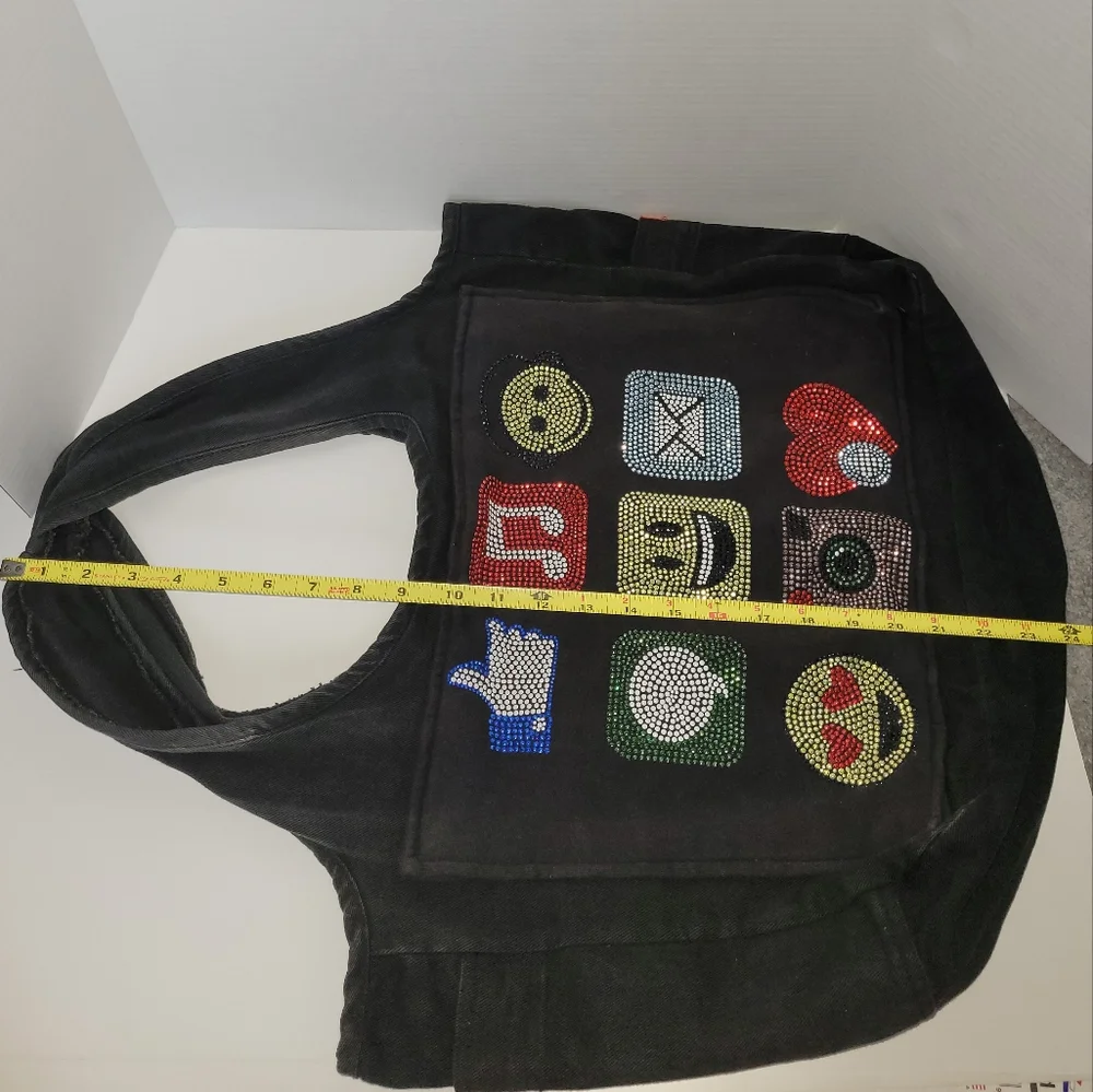 Emoji Crystals on Black Denim Tote Bag Book Bag by Butter Very Rare - Picture 4 of 7